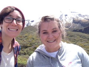 Look ma', I have friends. This is Clare and me in front of Mt. Taranaki. You can see it from her backyard!